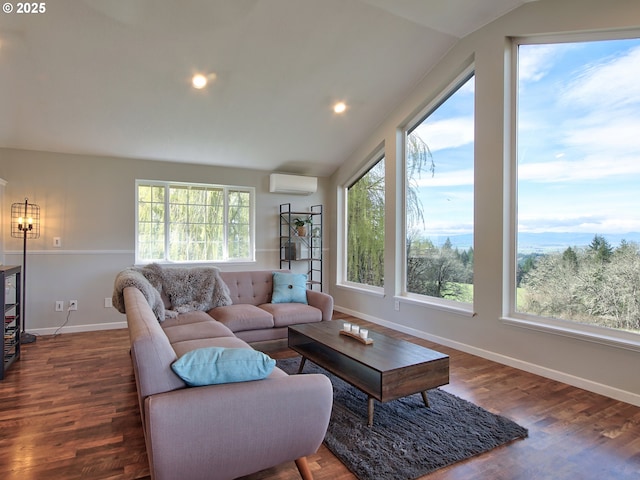 living area featuring a wall mounted air conditioner, dark wood finished floors, recessed lighting, baseboards, and lofted ceiling