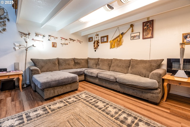 living room with hardwood / wood-style floors and beam ceiling