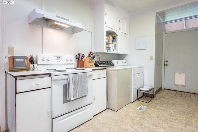 kitchen featuring white cabinetry, white electric range, and washing machine and clothes dryer