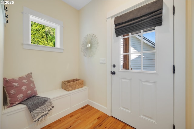mudroom with plenty of natural light, light wood-style floors, and baseboards