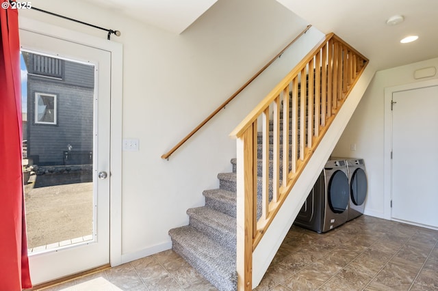 1105 29th St, Hood River, OR 97031 - stairs with washer and dryer, recessed lighting, and baseboards