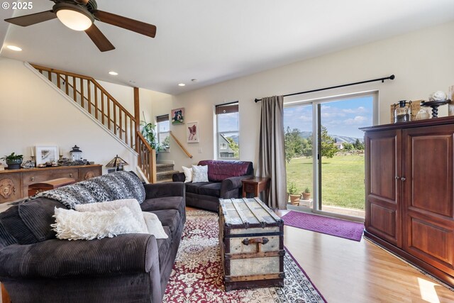 1105 29th St, Hood River, OR 97031 - living area with stairs, light wood finished floors, a ceiling fan, and recessed lighting