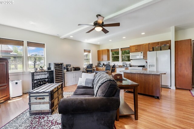 1105 29th St, Hood River, OR 97031 - living area with light wood-style flooring, a ceiling fan, recessed lighting, and wine cooler