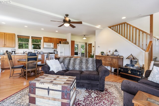1105 29th St, Hood River, OR 97031 - living area with light wood finished floors, ceiling fan, stairs, and recessed lighting