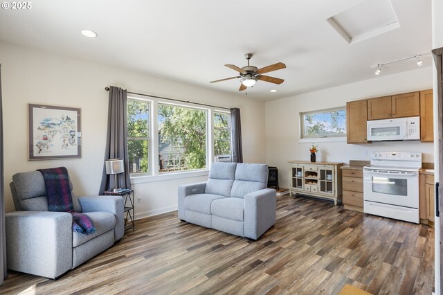 1105 29th St, Hood River, OR 97031 - living room with attic access, wood finished floors, recessed lighting, baseboards, and ceiling fan