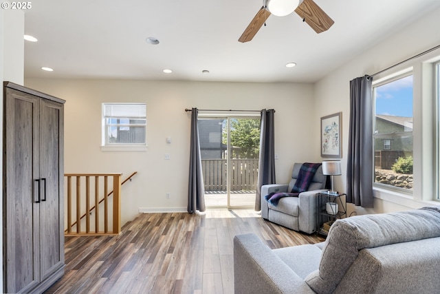 1105 29th St, Hood River, OR 97031 - living area with wood finished floors, recessed lighting, a ceiling fan, and baseboards