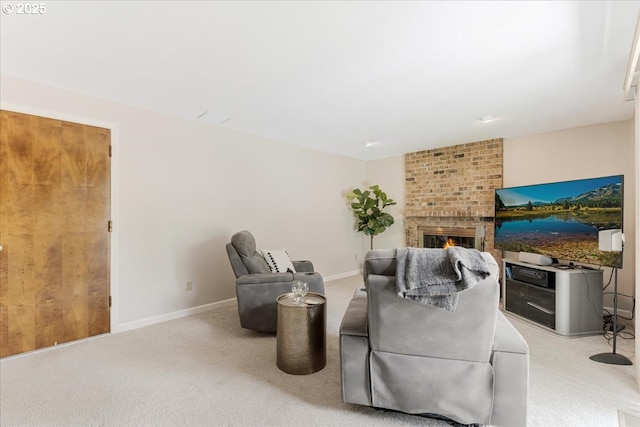 8740 SW Bomar Ct, Portland, OR 97223 - living area featuring light colored carpet, a brick fireplace, and baseboards