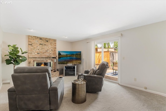 8740 SW Bomar Ct, Portland, OR 97223 - living room with carpet flooring, baseboards, and a brick fireplace