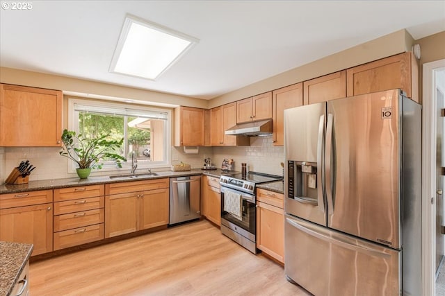 8740 SW Bomar Ct, Portland, OR 97223 - kitchen with appliances with stainless steel finishes, a sink, under cabinet range hood, dark stone countertops, and tasteful backsplash