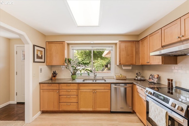 8740 SW Bomar Ct, Portland, OR 97223 - kitchen featuring stainless steel appliances, a sink, backsplash, light wood finished floors, and under cabinet range hood