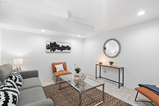 living room with carpet flooring and recessed lighting