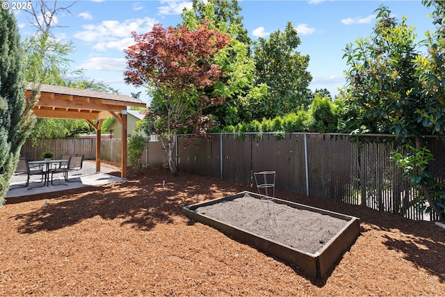 view of yard with a fenced backyard and a patio