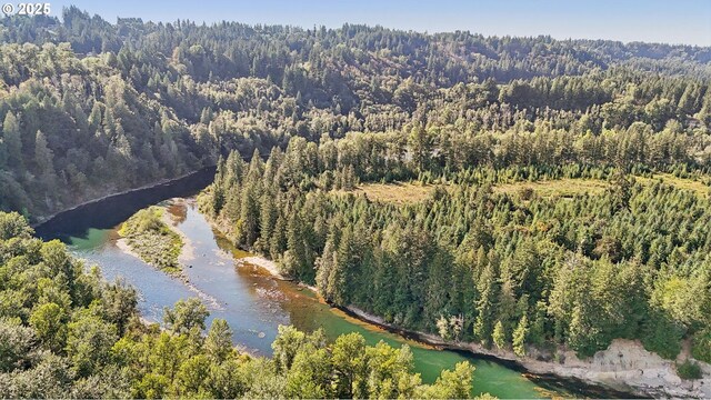 aerial view of property's location featuring a heavily wooded area