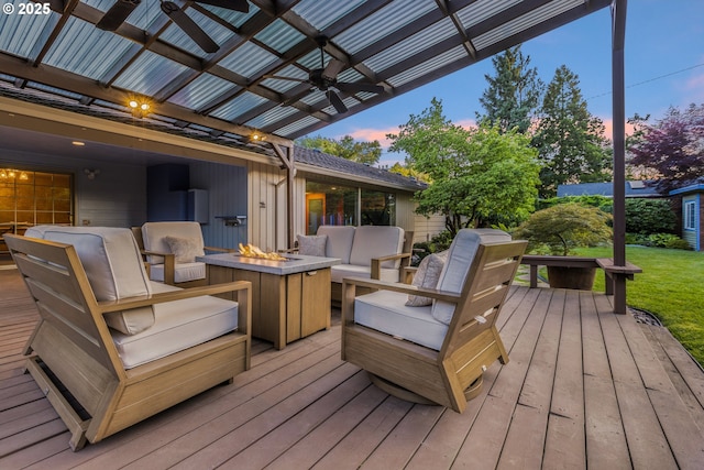 2691 Country Ln, Eugene, OR 97401 - deck featuring an outdoor living space with a fire pit and a ceiling fan