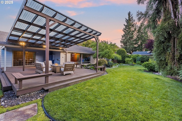2691 Country Ln, Eugene, OR 97401 - view of grassy yard with a wooden deck and outdoor lounge area