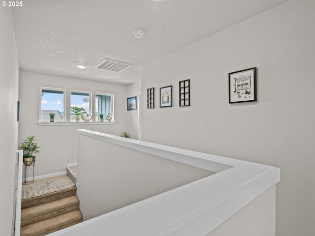 corridor featuring baseboards, visible vents, and a textured ceiling