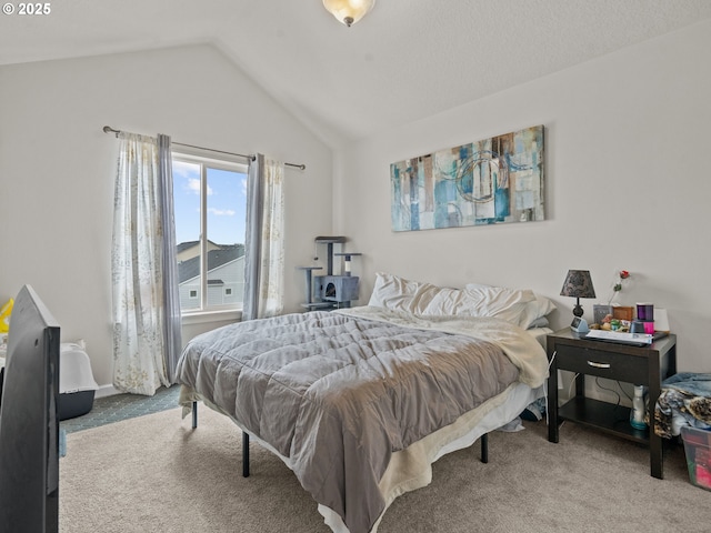 bedroom with lofted ceiling and carpet floors