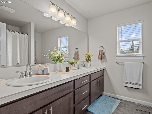 bathroom featuring double vanity, wood finished floors, baseboards, and a sink