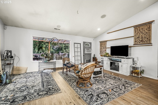 731 SE Forest Glen Rd, Estacada, OR 97023 - living room featuring vaulted ceiling, wood finished floors, recessed lighting, and baseboards