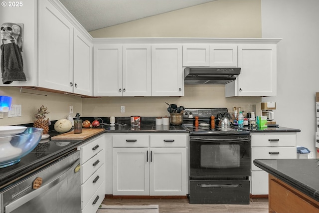 731 SE Forest Glen Rd, Estacada, OR 97023 - kitchen featuring under cabinet range hood, black / electric stove, dishwashing machine, white cabinetry, and lofted ceiling