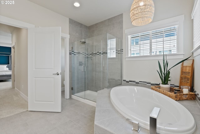 16943 SW Snowdale St, Beaverton, OR 97007 - ensuite bathroom with a bath, a stall shower, a chandelier, toilet, and recessed lighting