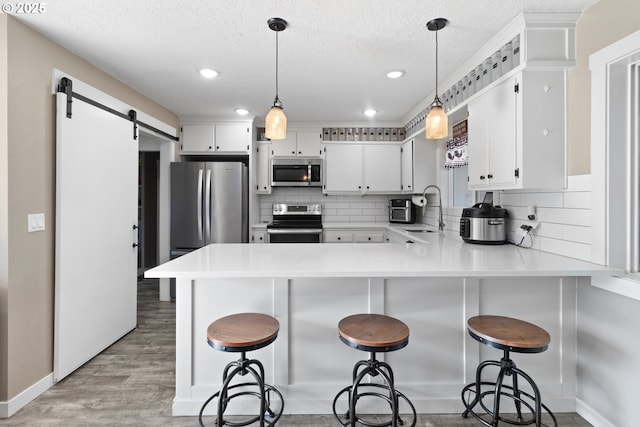 kitchen featuring a barn door, appliances with stainless steel finishes, a peninsula, white cabinetry, and a sink