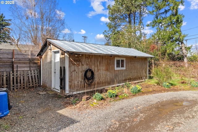 view of outbuilding with a fenced backyard and an outdoor structure