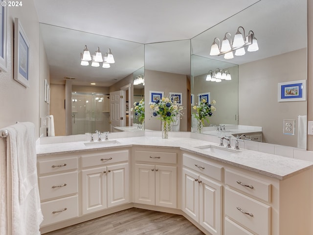 bathroom featuring vanity, an enclosed shower, and wood-type flooring