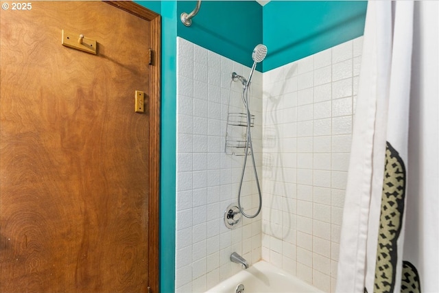 full bathroom with shower / bathtub combination with curtain