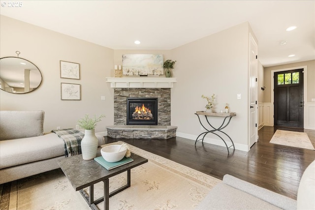 2025 De Vries Way W, Linn, OR 97068 - living room featuring wood finished floors, a stone fireplace, and recessed lighting