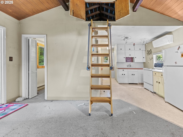 26647 E Welches Rd, Welches, OR 97067 - kitchen with white appliances, lofted ceiling, a wall mounted air conditioner, wooden ceiling, and white cabinets