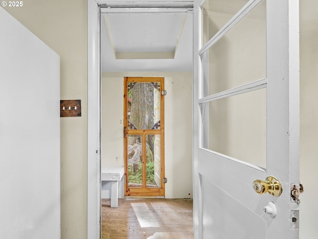 26647 E Welches Rd, Welches, OR 97067 - hallway with wood finished floors and a tray ceiling