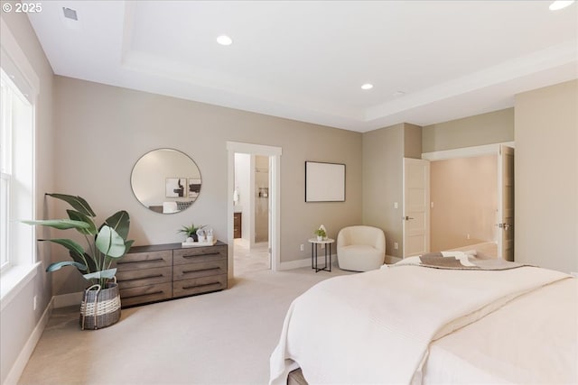 4726 SW 60th Pl, Portland, OR 97221 - bedroom with carpet, a tray ceiling, recessed lighting, baseboards, and ensuite bathroom