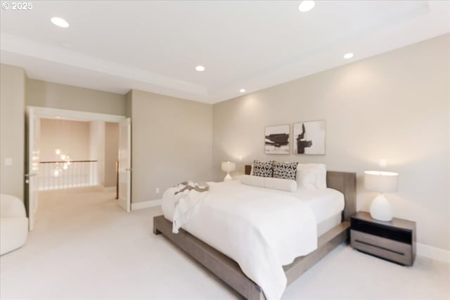 bedroom featuring baseboards, carpet flooring, and recessed lighting