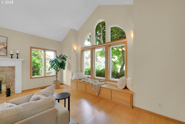 2038 Morning View Dr, Eugene, OR 97405 - living room featuring high vaulted ceiling, wood finished floors, and a high end fireplace