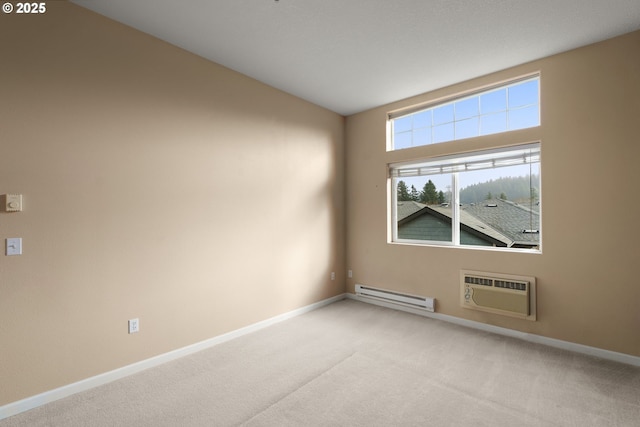 unfurnished room featuring baseboard heating, an AC wall unit, and light colored carpet