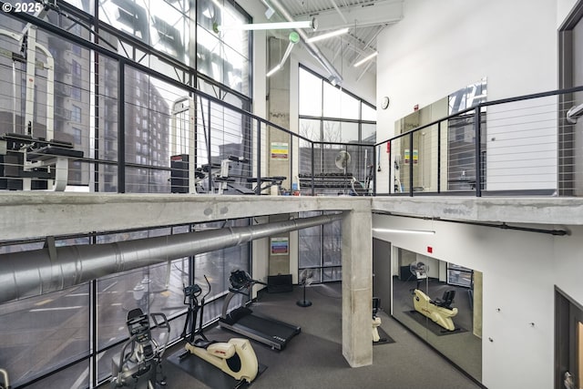 workout area with a high ceiling