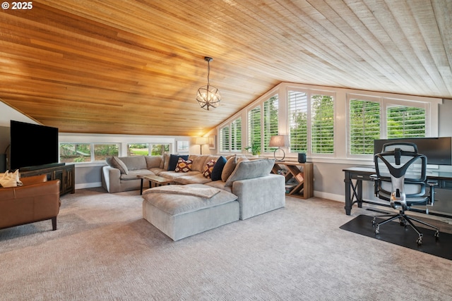 living room with wood ceiling, lofted ceiling, carpet, baseboards, and an office area