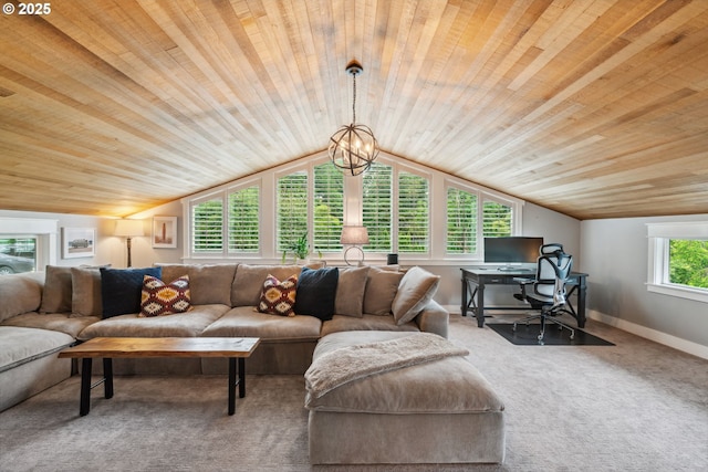 living room featuring wood ceiling, carpet flooring, vaulted ceiling, baseboards, and a desk