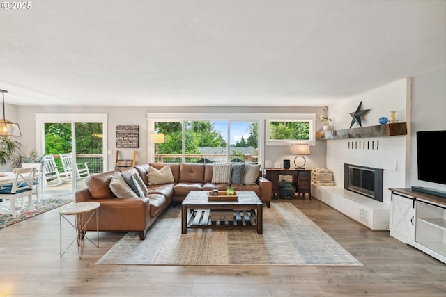 living area featuring wood finished floors and a fireplace