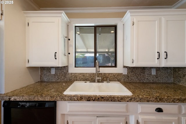 1221 SW Maple St, Dallas, OR 97338 - kitchen with black dishwasher, a sink, white cabinetry, tasteful backsplash, and ornamental molding