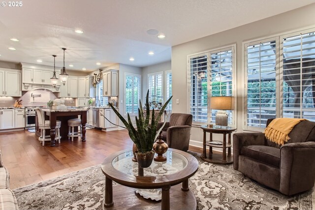 living room with wood-type flooring and a stone fireplace