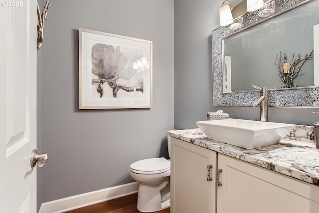 bathroom with vanity, toilet, and hardwood / wood-style floors