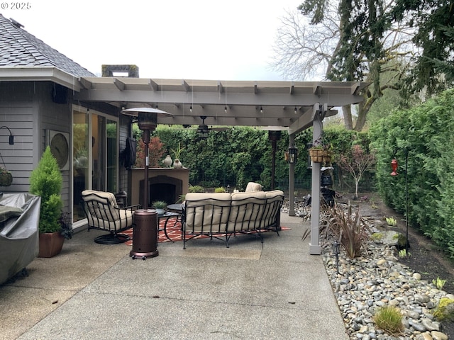 view of patio with an outdoor living space with a fireplace and a pergola