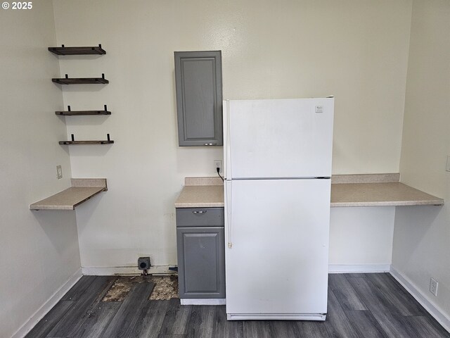 617 SW 3rd St, Pendleton, OR 97801 - kitchen featuring freestanding refrigerator, gray cabinetry, open shelves, and dark wood-style flooring