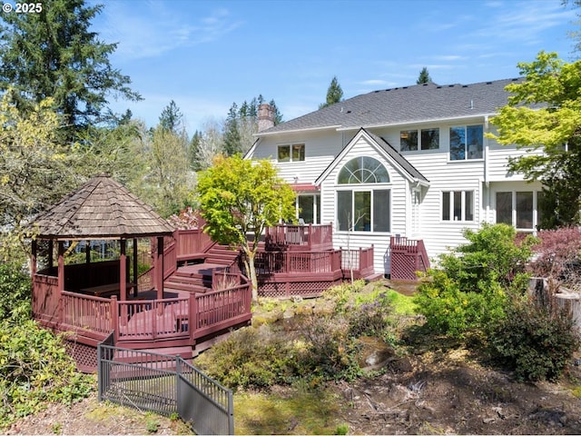 6230 SW Patton Rd, Portland, OR 97221 - rear view of house with a gazebo, a chimney, and a deck
