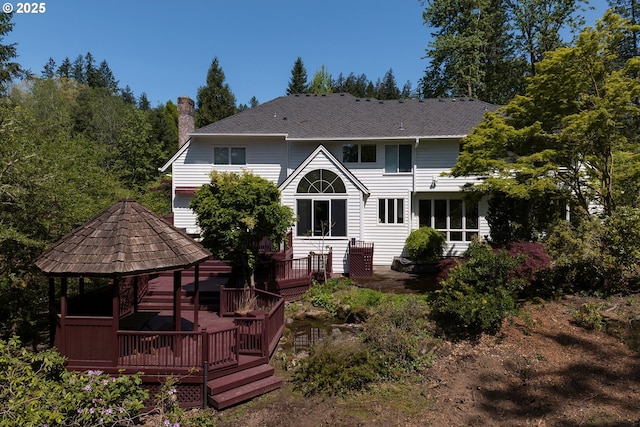 6230 SW Patton Rd, Portland, OR 97221 - back of house featuring a gazebo, a wooden deck, and a chimney