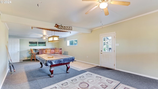 rec room featuring ceiling fan, crown molding, baseboards, indoor bar, and carpet flooring