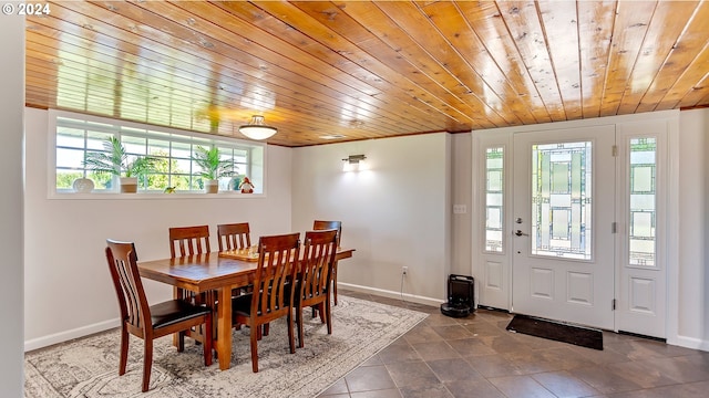 dining space featuring baseboards, a wealth of natural light, and wood ceiling