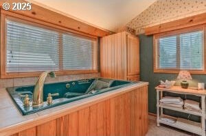 interior space featuring lofted ceiling and a hot tub